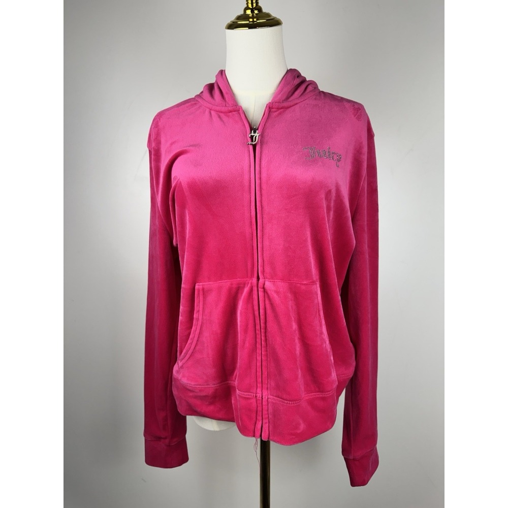Juicy Couture Size XL Bright Pink Velour Full Zip Rhinestone Logo Hoodie Jacket